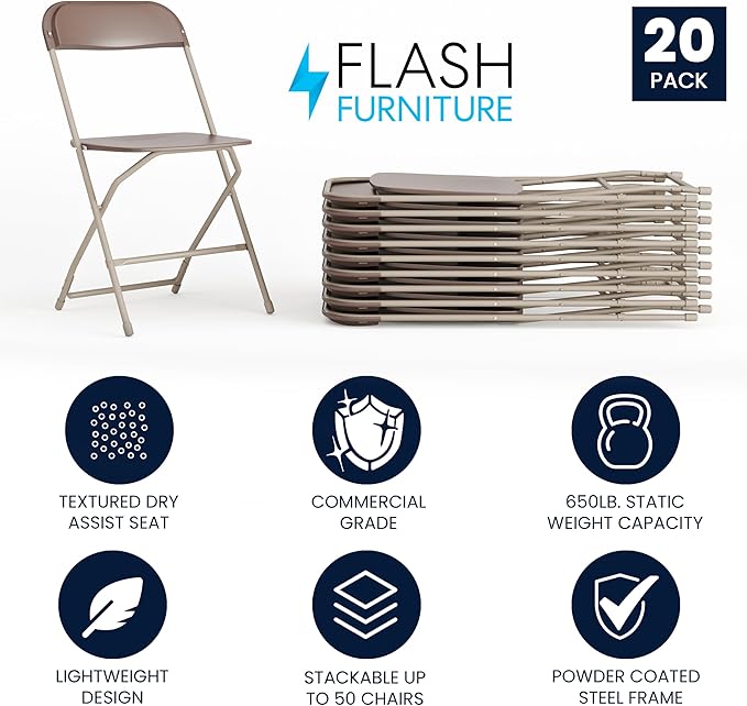 Flash Furniture Hercules Series Plastic Folding Chair - Brown - 20 Pack 650LB Weight Capacity Comfortable Event Chair-Lightweight Folding Chair