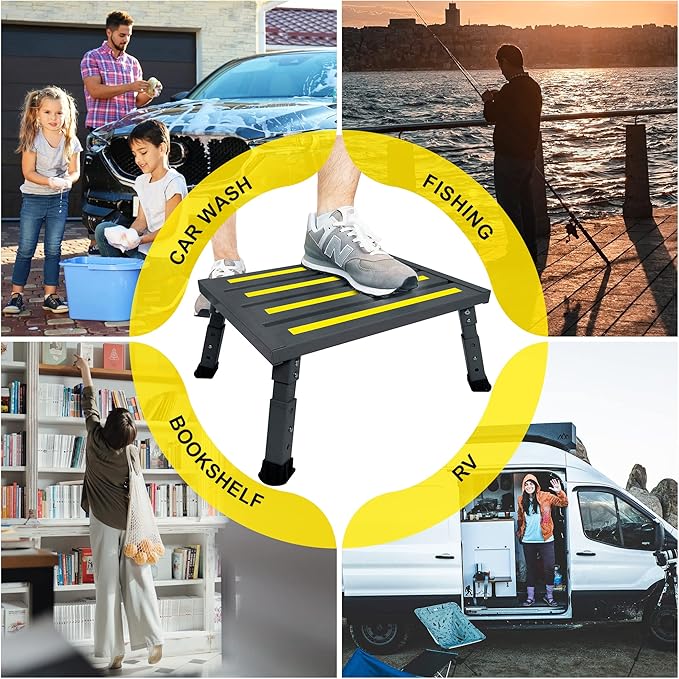 Adjustable Height Aluminum RV Step, Stable Foldable Platform Step Stool, Supports Up to 1,000 lb, Non-Slip Rubber Feet and Platform Mat, Easy to Carry (Black)