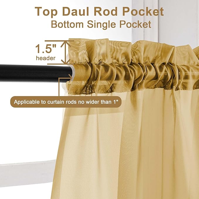 Chyhomenyc Gold Sheer Curtains 90 Inches Long 2 Panels, Light Filtering Gold - Image 5