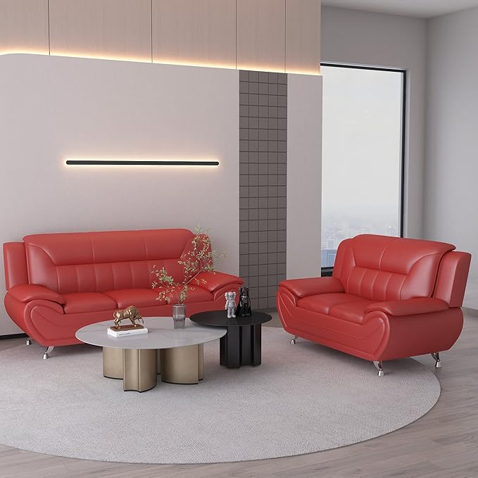 Container Furniture Direct Michael Modern Faux Leather Upholstered Stainless Steel Legs Living Room Sofa, Loveseat, Persian Red