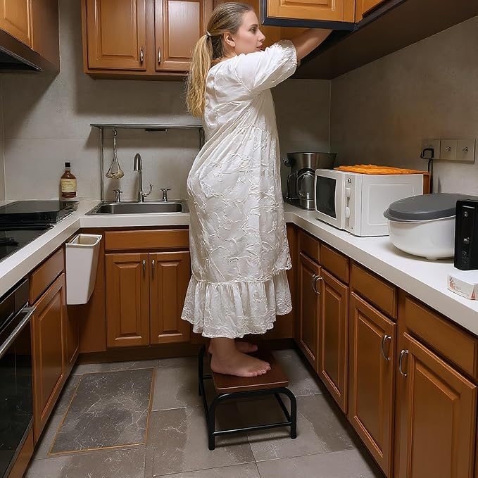 Heavy Duty Step Stool 500 lbs Load Capacity - Dual Anti-Slip Solid Wood & Metal Safety Step, Anthropological Furniture, Ideal for Home/Kitchen/Bedside(Walnut Color, One-Step Stool)
