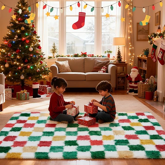 Checkered Area Rug 4x6 for Bedroom Living Room, Christmas Shag Rug Fuzzy Shaggy - Image 2