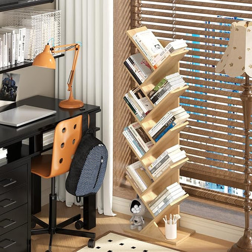 10 Tier Tree Book Shelf, Floor Standing Wood Bookshelf for Narrow Space, Storage Organizer Bookshelves for Books/CDs/Magazine, Bookcase with Shelves for Home Office, Living Room - Natural