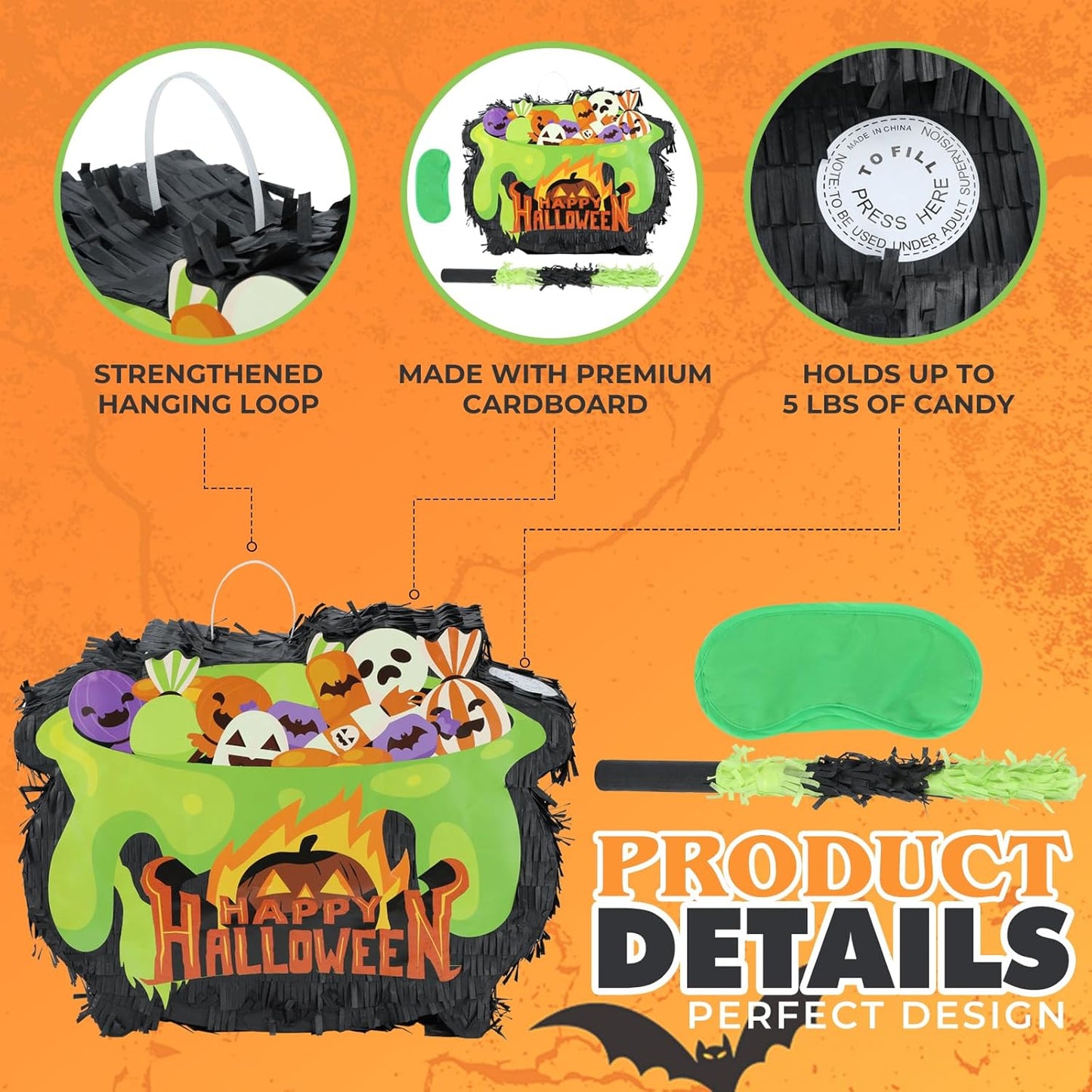Halloween Witch's Cauldron Pinatas Bundle with a Blindfold and Bat (16.1x12.5x4 Inches), Bubbling Witch Pot, Wizard Theme Birthday Party Game and Decoration