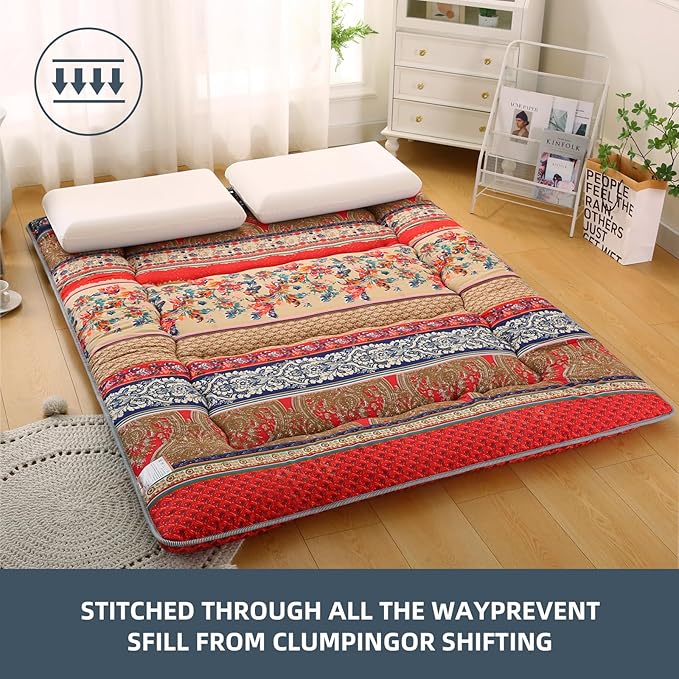 Bohemian Retro Japanese Floor Mattress, Vintage Floral Tatami Floor Mat, Portable Roll up Futon Mattress for Guest,Tavel (A,Full 80" X 47")