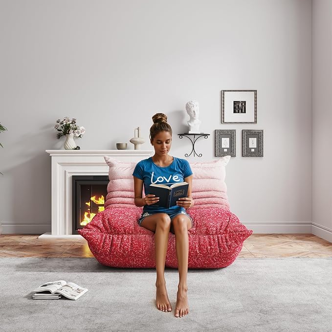 Bean Bag Chairs for Adults, BeanBag Reading Chair Memory Foam Couch, Floor Chair Soft Teddy Material, Comfy Reading Nook Chairs for Bedroom Living Room Office (Pink White)