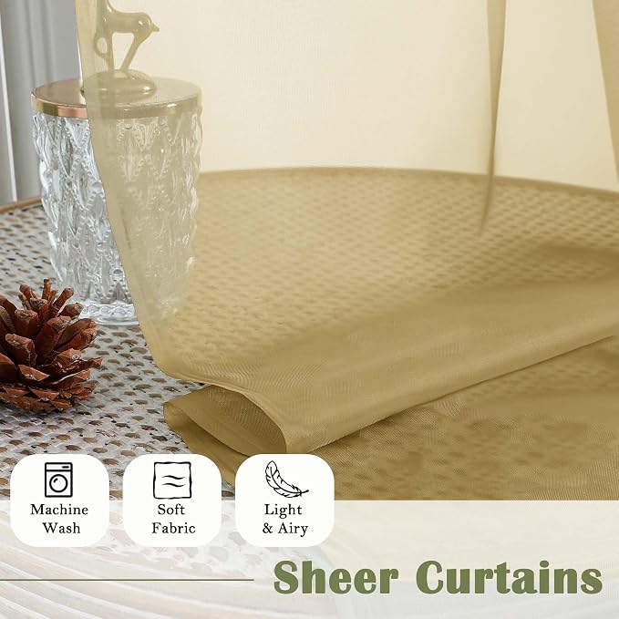 Lecloud Gold Sheer Curtains 108 Inches Long 2 Panels, Dual Rod Pocket Light - Image 8