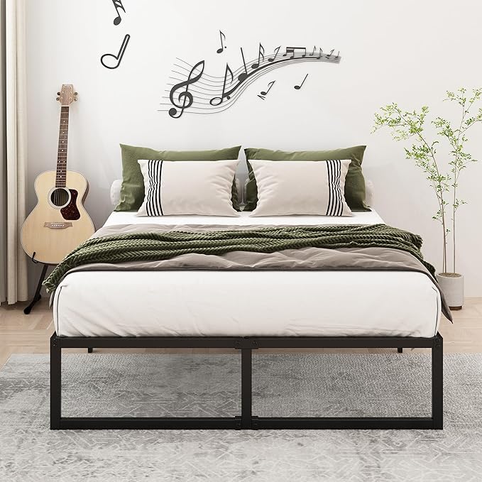16 Inch King Size Bed Frame Sturdy Mattress Foundation, Heavy Duty Metal Platform with Steel Slats Support No Box Spring Needed, Noise Free, Easy Assembly, Black