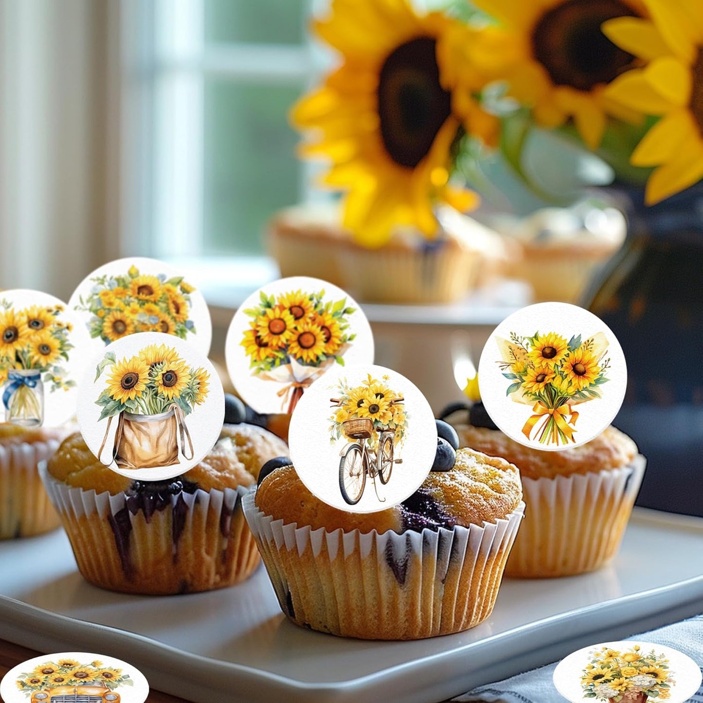 36 Pack Edible Sunflowers Cupcake Toppers Wafer Paper Floiwers Cupcake Picks Edible Yellow Sun Flower Cake Decor for Sunflower Theme Party Wedding Baby Shower Birthday Supplies (Round)
