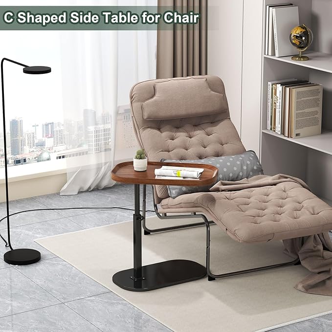 Adjustable Height C Shaped End Table with Wheels,360°Swivel Side Table, Top Tilting Laptop Stand TV Table for Sofa/Bed, Couch Tables that Slide under,Small Coffee Table for Living Room (walnut A)
