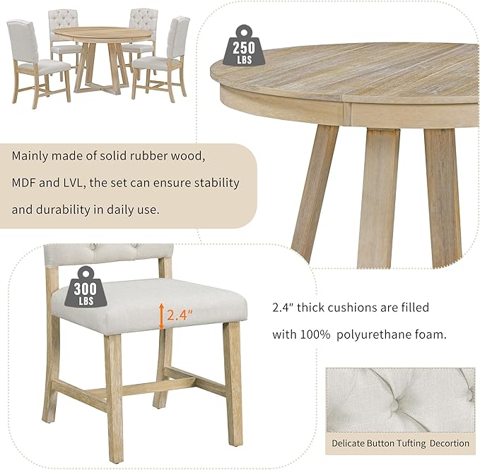 Ball & Cast 5 Piece Dining Table Set with 4 Upholstered Chairs,Living Room Furniture W/ 42" Table,Tabletop Can be Adjusted from Round to Oval in Shape,for Restaurant,Home Bistro,Natural