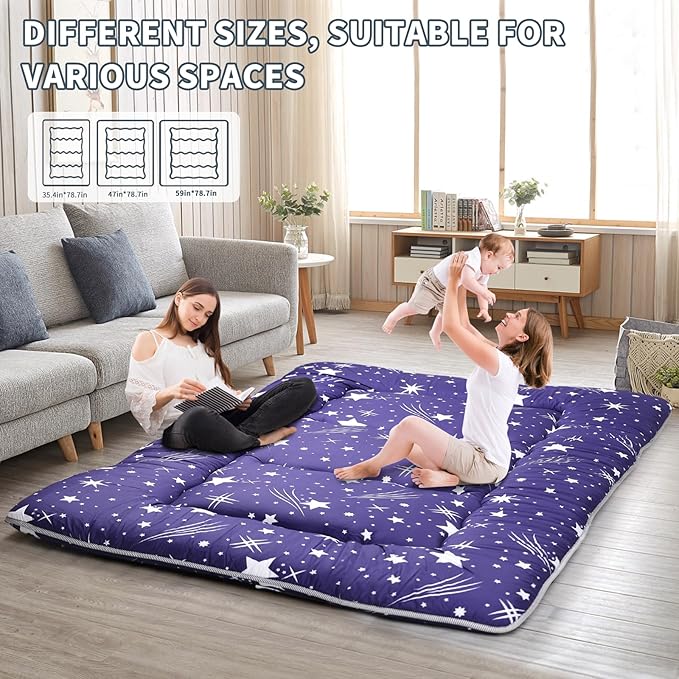 Japanese Floor Mattress,4" Thicken Japanese Floor Sleeping Pad Foldable,Futon Mattress Suitable for Camping and Guest Room (Blue, Queen (80" X 60"))
