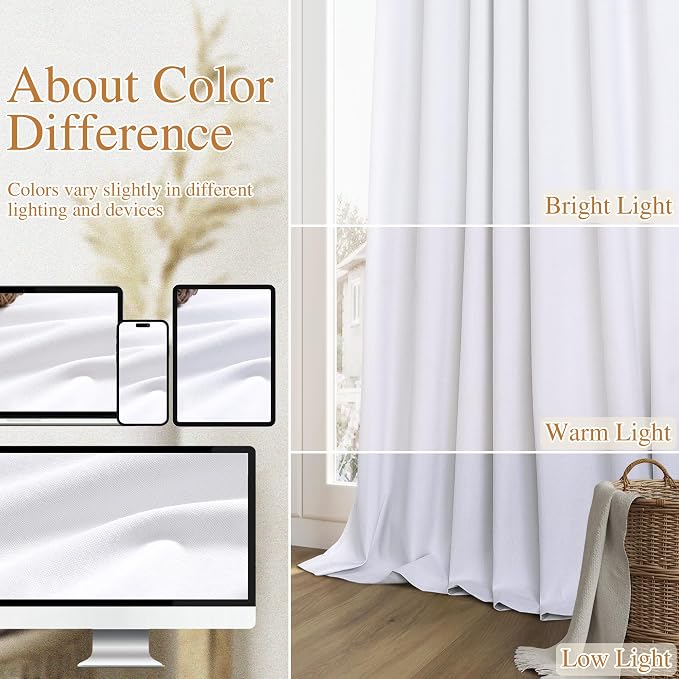 Guken White 100% Blackout Linen Curtains 52 Inch Wide by 140 Inch - Image 7