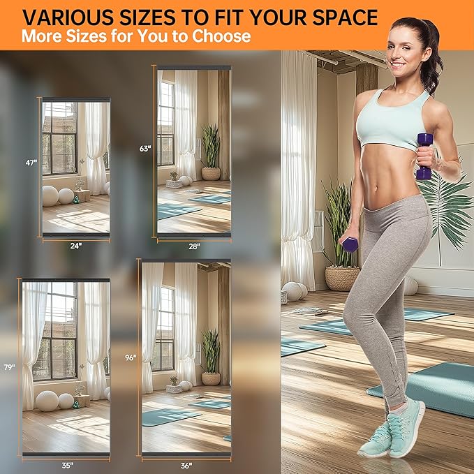 Hasipu 71''x31'' Home Gym Mirror Large Full Length Wall Mounted Full Body Mirror for Yoga Dance Fitness Exercise Studio Bedroom Garage, Frameless Tempered Glass Workout Mirrors Black Rectangular