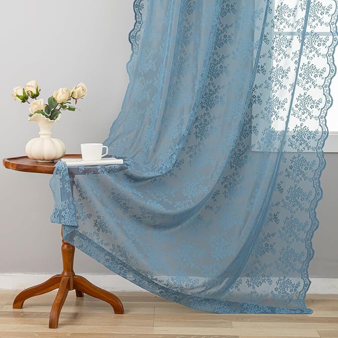 YJ YANJUN Vintage Lace Curtains 63 Inch Length-Victorian Floral Pattern Stone - Image 2