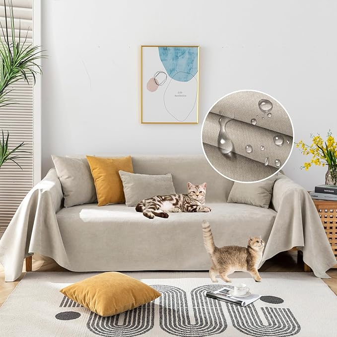 STACYPIK Waterproof Anti-Cat Scratch Couch Covers, Beige Sofa Covers for Dogs, Non-Slip Couch Covers for 2 Cushion Couch, Washable Love Seat for Sectional, Furniture Protector Sofa Slipcover-71X90IIN