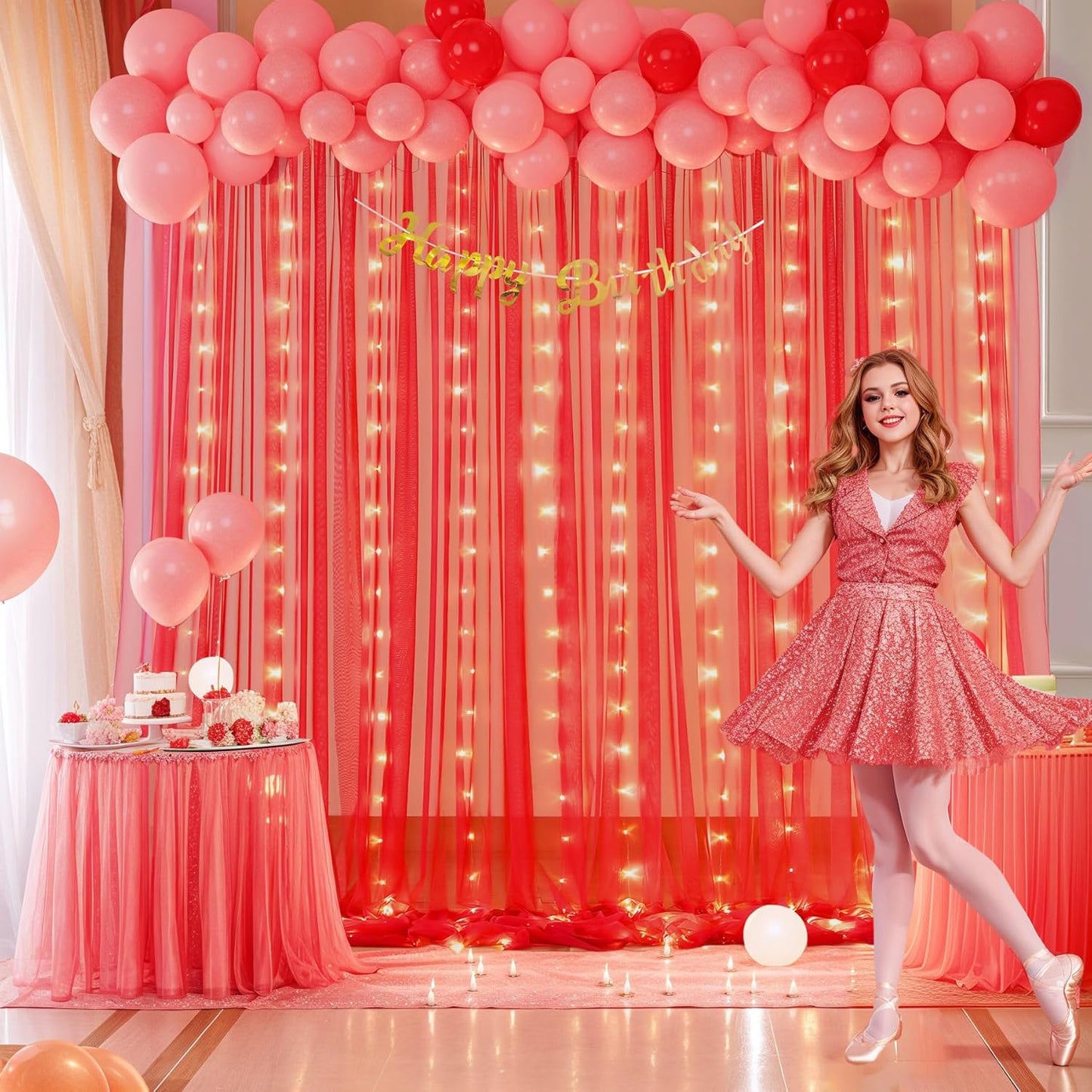 Red Tulle Backdrop Curtain with Lights String for Parites 30x8ft Sheer Backdrop Curtains Drapes for Birthday Party Baby Shower Christmas Wall Photo Booth Background Decorations(6 Panels 5ft×8ft)