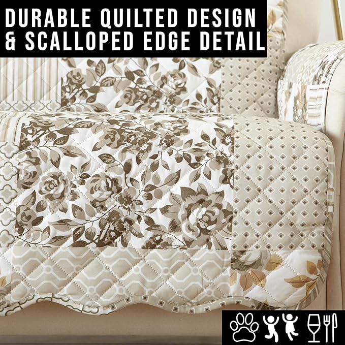 Great Bay Home Patchwork Scalloped Printed Furniture Protector Stain Resistant Recliner Cover (Recliner, Taupe)