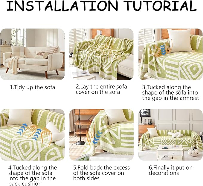 HANDONTIME Green Sofa Covers Chenille Couch Covers Universal Sofa Cover Boho Cover for Sofa 3 Seats Dogs Couch Furniture Protector Couch Cushion Covers Sectional Couch Covers for L Shaped, 91" X134"