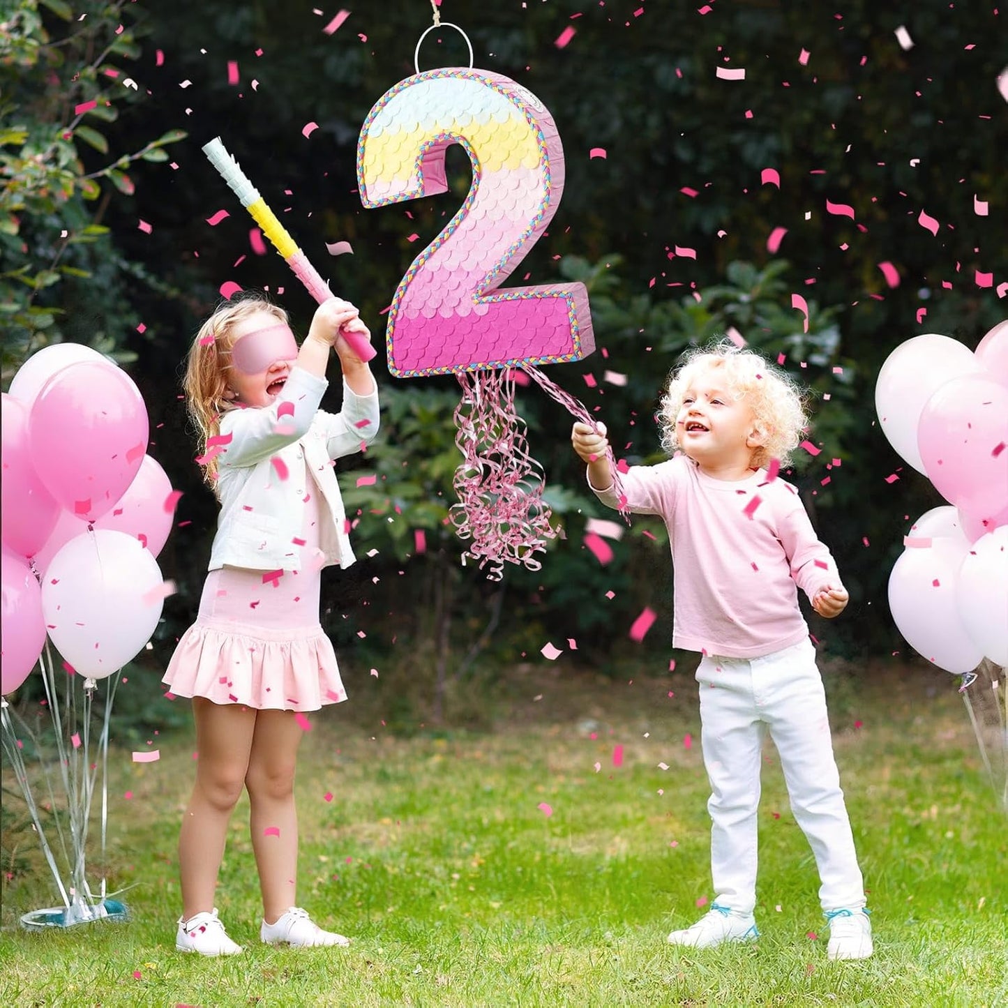 WERNNSAI Pink Sweet Two Pinata - Number 2 Pinata Happy Birthday Decoration Pink Rainbow Design Party Games for Girl Princess Baby Shower Party Favor with Blindfold Anniversary Celebration Supplies