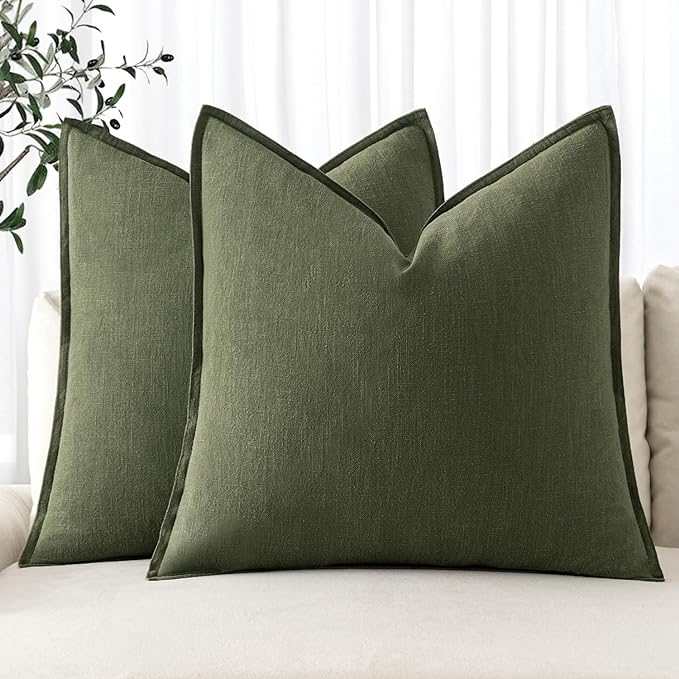 MIULEE Decorative Linen Pillow Covers 20x20 Inch Dark Olive Green Boho by MIULEE