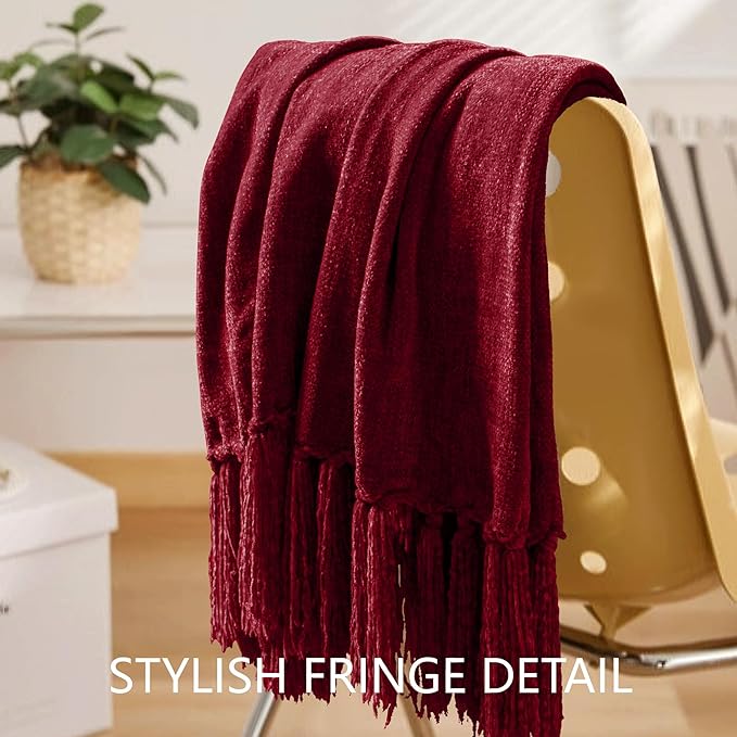 Chenille Throw Blanket for Couch 60"X 80" Twin, Soft Cozy Throws with Fringe Tassel for Bed Sofa Chair Cover, Lightweight Knitted Decorative Boho Blankets for Living Room, Red