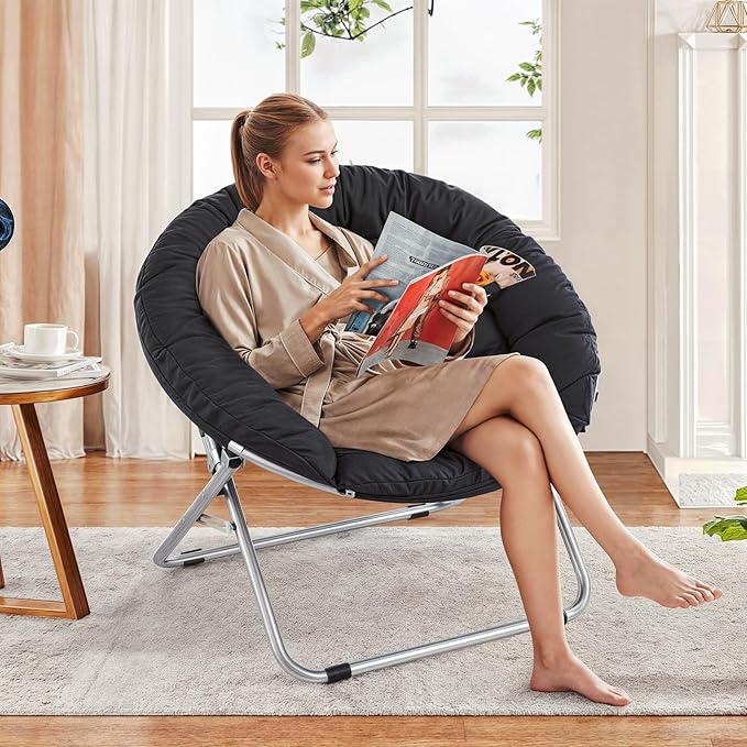 MoNiBloom Round Folding Saucer Chairs Set of 2 for Bedroom Living Room Dorm Foldable Metal Frame Comfy Soft Lounge Lazy Cozy Moon Chairs for Teens (Black)