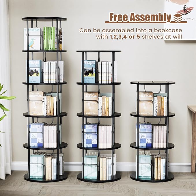 Rotating Bookshelf, 3 Tier Round Revolving Bookcase with Special Visible Partition Storage, 360° Display Spinning Small Bookshelf Tower Book Shelf Organizer for Bedroom, Small Space, Black