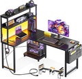 ODK 43 Inch L Shaped Desk with LED Lighting, Reversible Gaming Desk with Power Outlets, Cornor Computer Table with Storage Shelves & Bag & Iron Hook, Home Office Table for Writing, Study, Black