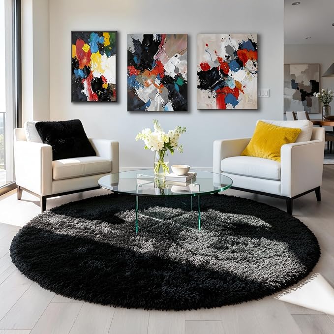 Black Round Rug 6Ft for Bedroom Aesthetic, Fluffy Plush Circle Area Rugs for - Image 3