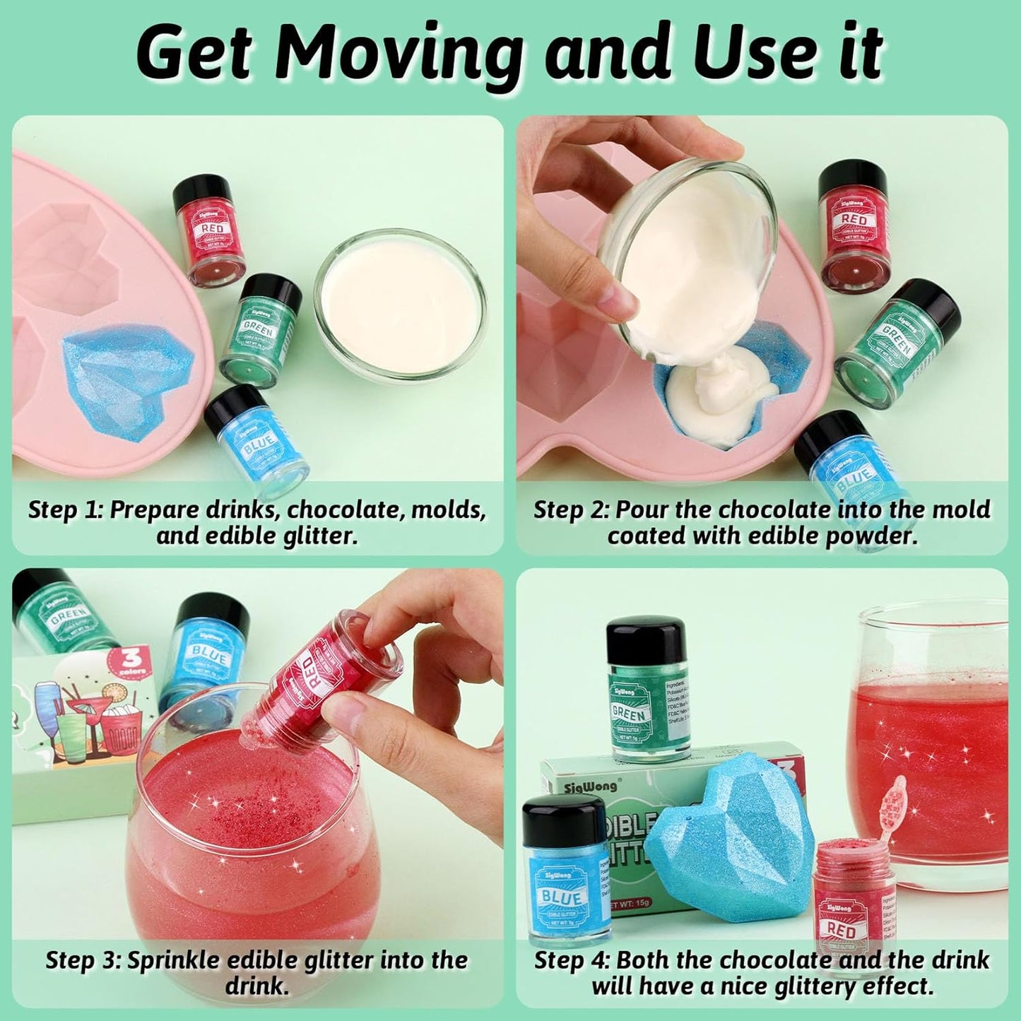 Edible Glitter Set, 3 Colors Luster Dust Edible Glitter, Food Grade Metallic Food Decorating Sprinkle Dust for Drinks Wine, Powder Glitter for Fondant, Chocolate, Candy, Cookie, 5g/0.18oz, Vegan