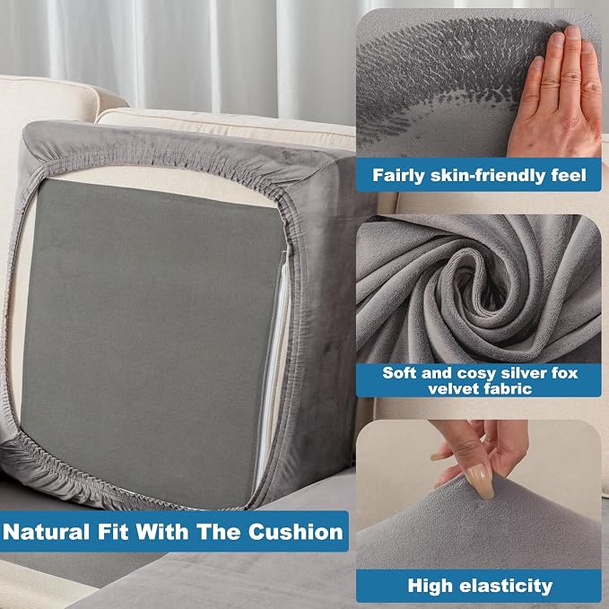 Couch Cover 4-Piece Elastic Velvet Couch Cushion Covers & Chaise Slipcovers - Image 4