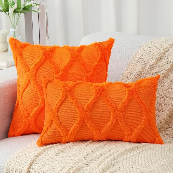 decorUhome Fall Throw Pillow Covers 18x18 Inch Set of 2, Soft Plush Faux Fur Wool Orange Couch Pillow Covers, Decorative Neutral Pillow Cases for Bed Sofa Living Room Home Decor