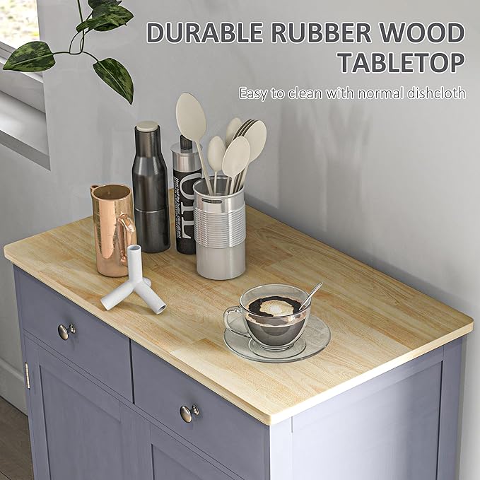 HOMCOM Sideboard with Solid Wood Countertop, Modern Kitchen Storage Cabinet, Coffee Bar Cabinet with 2 Drawers, Doors and Adjustable Shelf, Gray