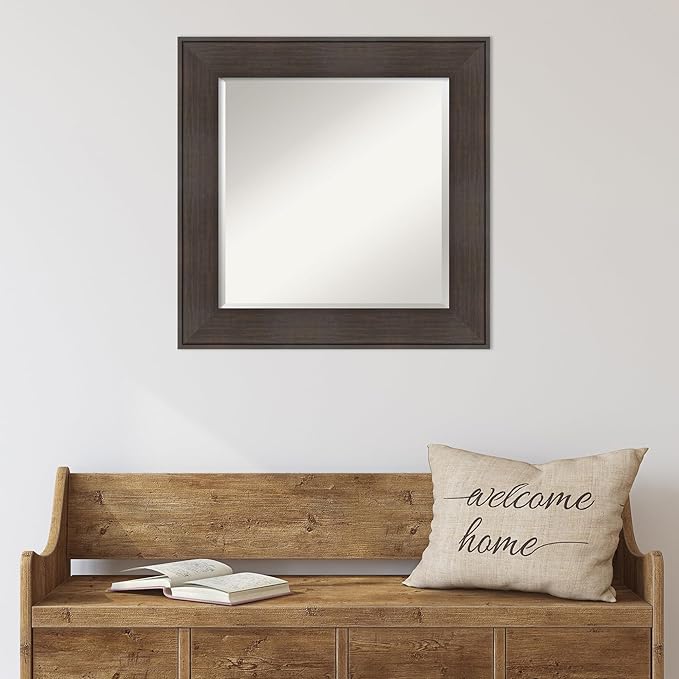 Amanti Art Brown Wall Mirror 26x26 William Rustic Woodgrain Square Bathroom Mirror for Wall Decor Living Room, Medium Casual Frame, Hangs Horizonally and Vertically, Bathroom Decor, Beveled Edge