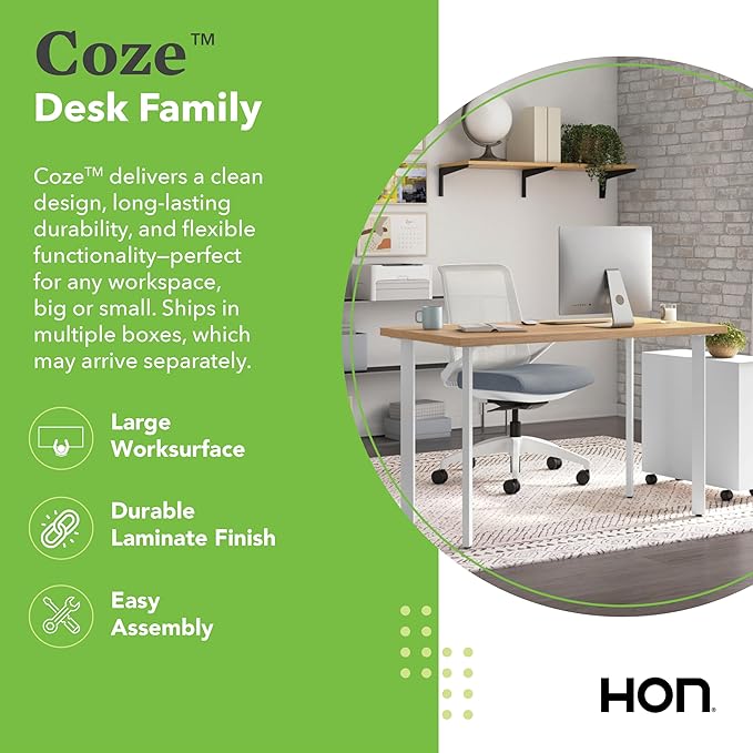 HON Coze Home Office Desks, Sturdy Table Computer Desk, 54", Natural Recon Top, Black Base