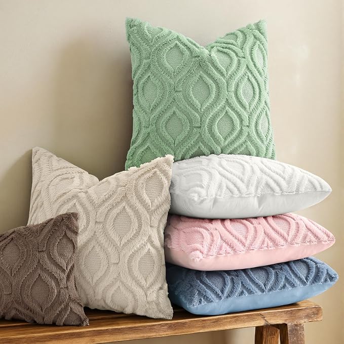 decorUhome Throw Pillow Covers 18x18 Inch Set of 2, Soft Plush Faux Wool Beige - Image 6