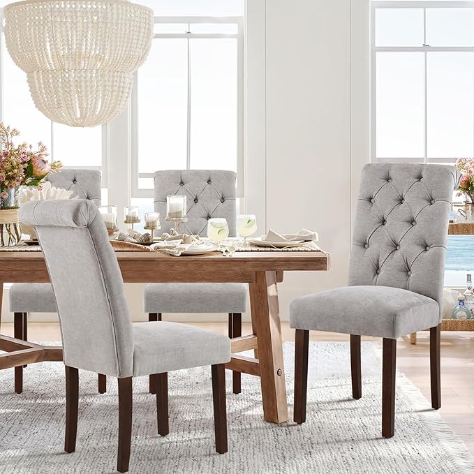 COLAMY Button Tufted Dining Chairs Set of 2, Parsons Upholstered Fabric Dining Room Chairs Kitchen Chairs with Wood Legs and Padded Seat, Light Grey