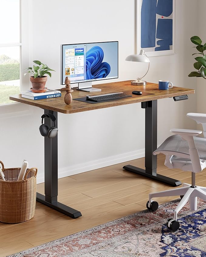 HUANUO 55" x 24" Electric Standing Desk Adjustable Height, 4 Memory Height Settings, Headphone Hook, Cable Manager, Sit Stand Up Desk for Home Office & Computer Workstation, Vintage Brown