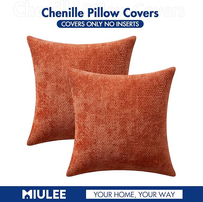 MIULEE Pack of 2 Burnt Orange Decorative Pillow Covers 18x18 Inch Soft Chenille - Image 6