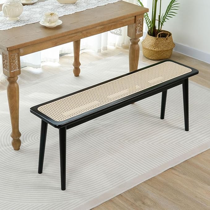 Entryway Bench, Solid Wood Kitchen Dining Bench, Mid Century Modern End of Bed Bench with Rattan Woven Top for Bedroom, Dining Room, Entry Way, 39.4" L x 11.2" W x 17.7" H, Black