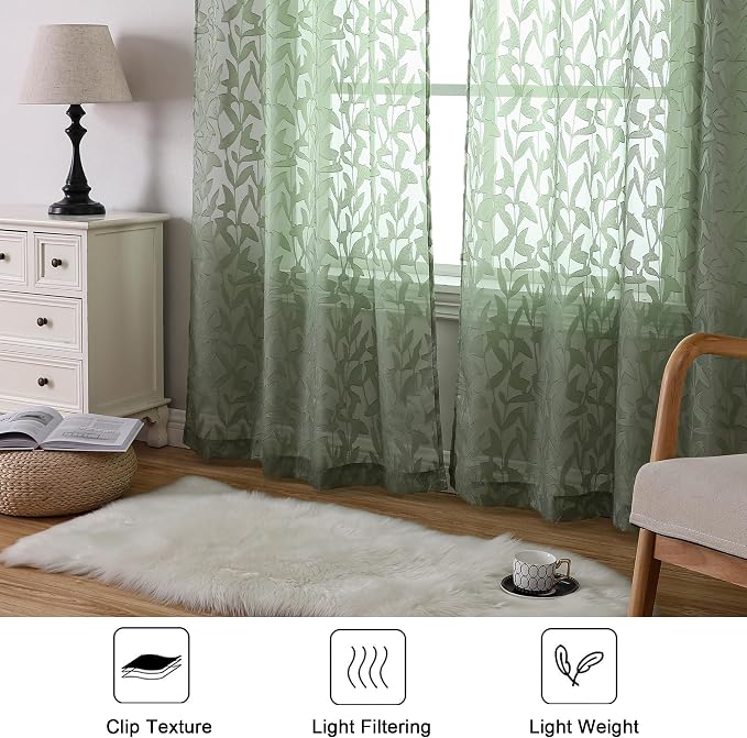 Lecloud Leia 2 Panels Sheer Sage Green Curtains 96 Inches Long, Patio - Image 6