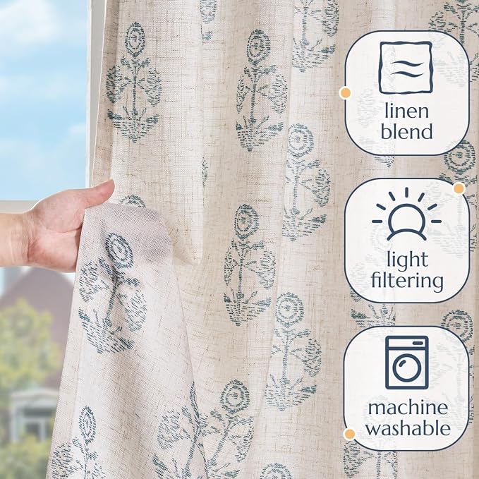 jinchan Linen Floral Curtains for Living Room 84 Inch Length Blue Flower - Image 4