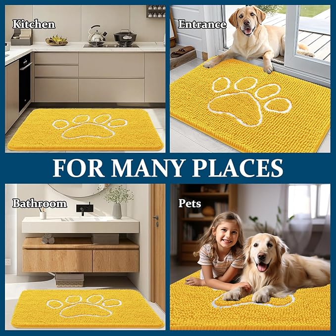 OLANLY Door Mat for Muddy Dog Paws 30x20, Ultra Absorbent Chenille Mud Doormat with Paw Print Design, Non-Slip Washable Doormat for Indoor Entryway, Quick-Dry Pet Bed Mats for Dirty Dogs, Yellow