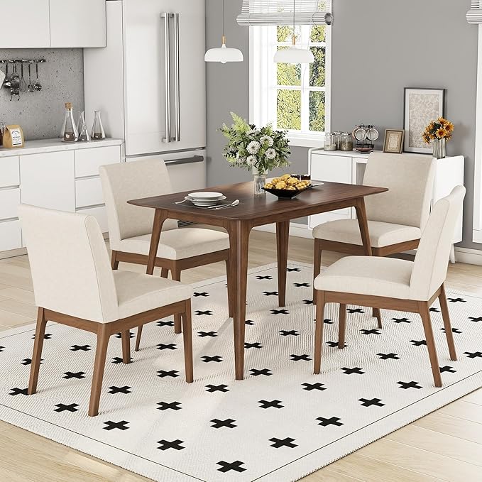 Ball & Cast 5-Piece Dining Table Set for 4,Kitchen Table Set W/ 47" Rectangle Table,Living Room Furniture W/ 4 Upholstered Chairs,for Dining Room,Kitchen,Restaurant,Walnut+Light Beige