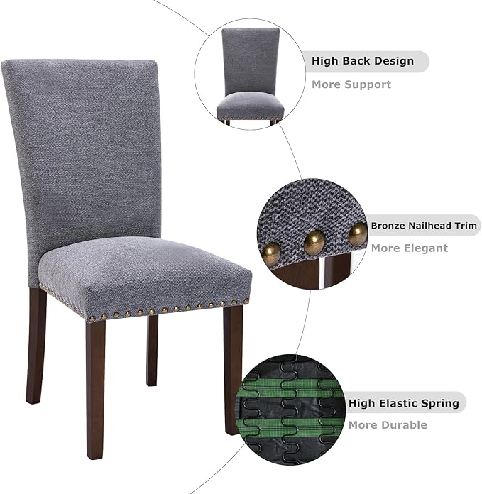 COLAMY Upholstered Parsons Dining Chairs Set of 6, Fabric Dining Room Kitchen Side Chair with Nailhead Trim and Wood Legs - Dark Grey