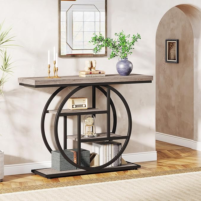 Tribesigns 41.3" Console Table, Industrial 4-Tier Sofa Table Entryway Table with Circle Base, Narrow Wood Accent Tables with Storage Shelves for Living Room, Hallway, Foyer, Gray