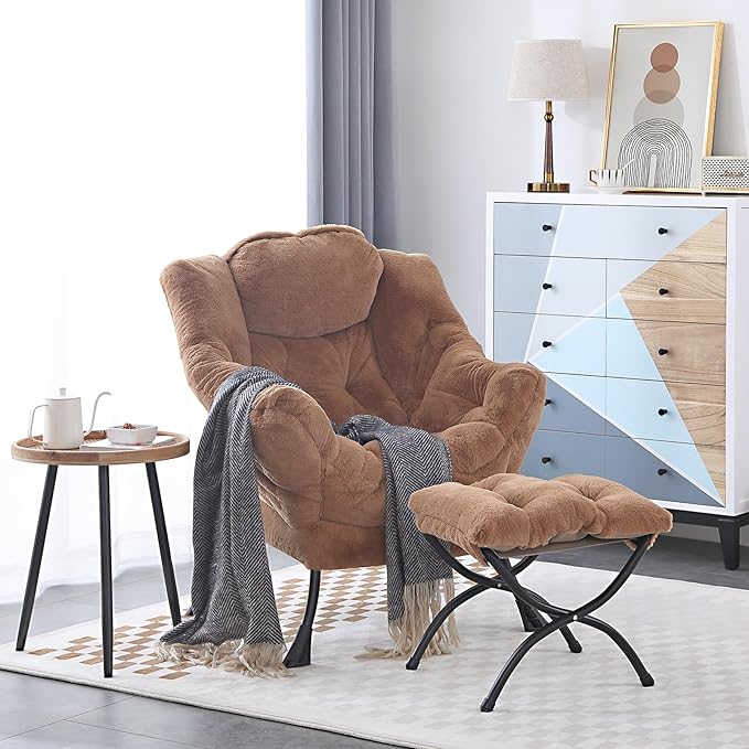 LITA Lazy Chair with Ottoman, Modern Accent Leisure Upholstered Sofa Chair, Lounge Reading Chair with Armrests and a Side Pocket for Living Room, Bedroom & Small Space, Plush Brown