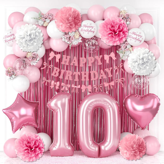 10th Birthday Decorations for Girls Pink Number 10 Balloon Bow Coquette Happy Birthday Banner Fringe Curtain Paper Pom Poms Star Heart Foil Pink White Balloons 10 Year Old Party Decor