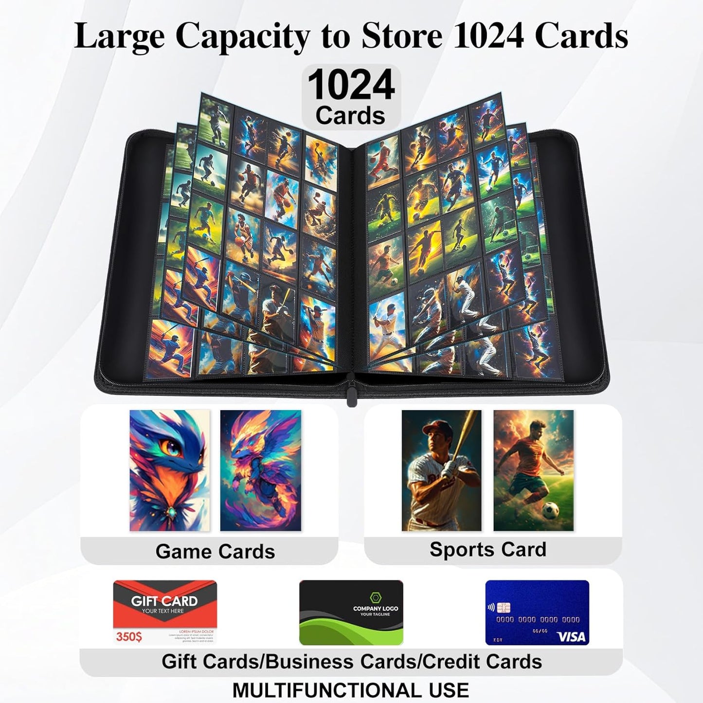 Trading Card Binder 16 Pocket with Display Window, 1024 Cards Capacity Card Binder, Waterproof PU Leather Photocard Baseball Card Binder for MTG, TCG, Sports Cards, Black